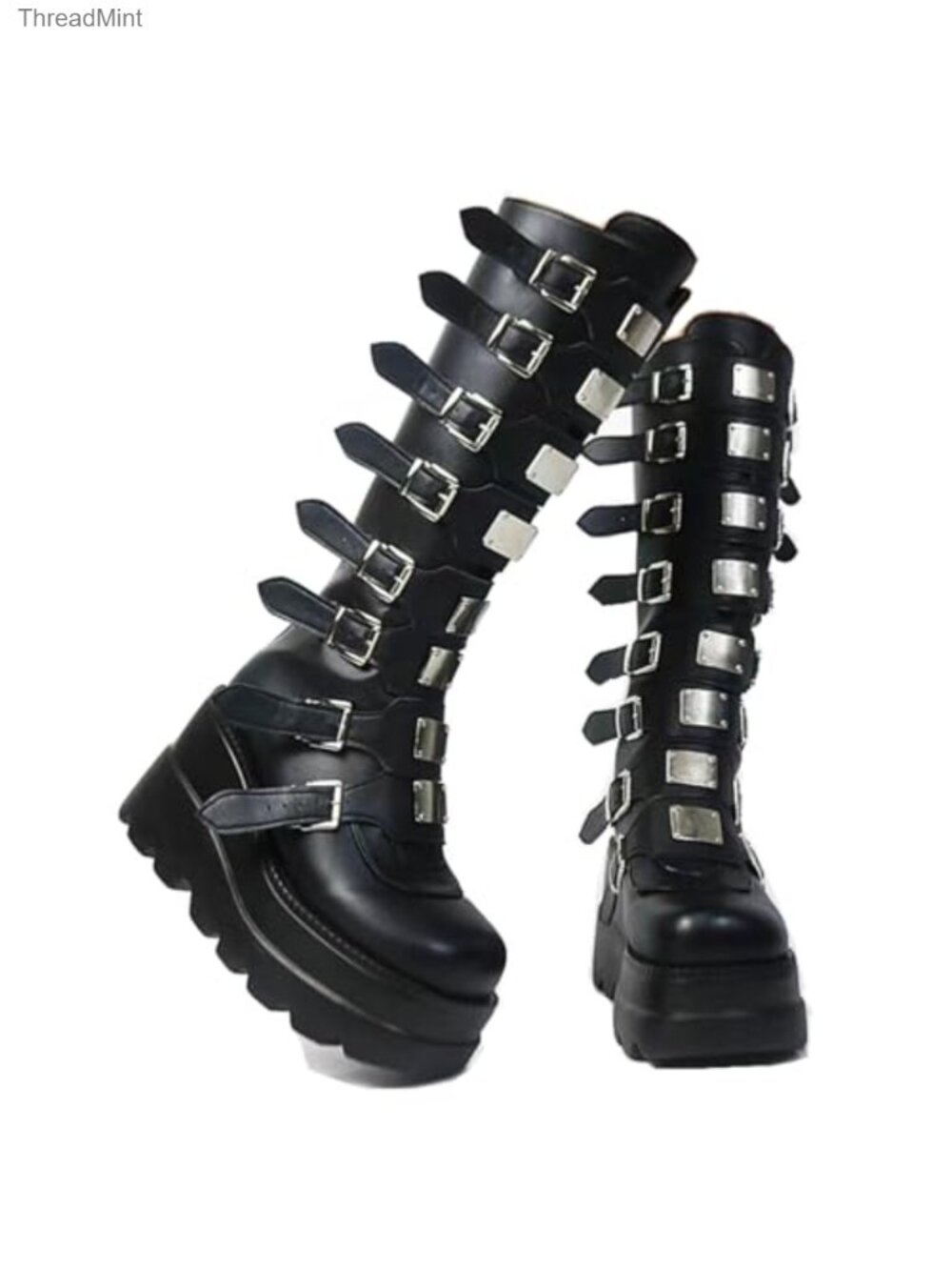 Women's Knee High Platform Boots Chunky Heel Goth Motorcycle Boots Faux Leather
